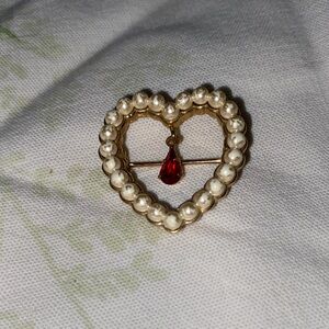 Elegant Heart-Shaped Pearl Brooch with Red Accent